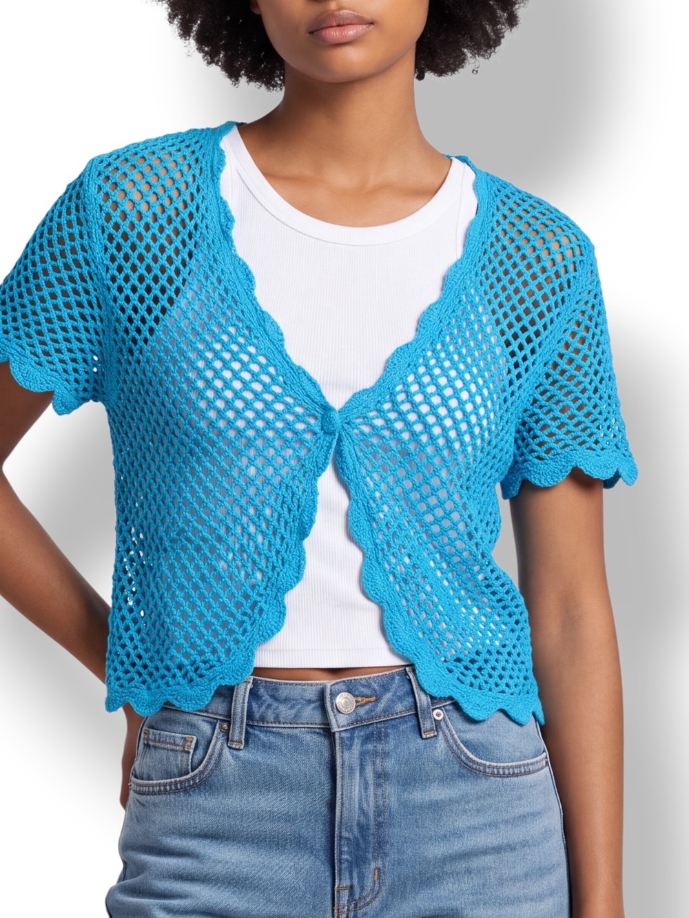 4/$20 Spense Turquoise Crochet Cropped Cardigan Ramie Cotton